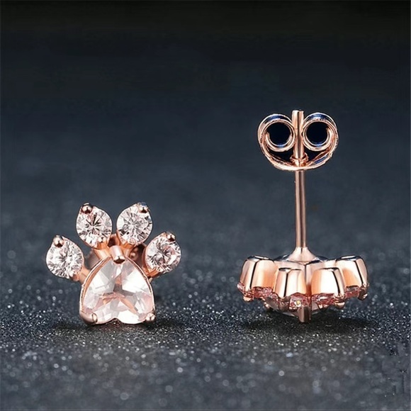 Dainty Small Paw Print Rhinestone Stud Earrings - Picture 2 of 3